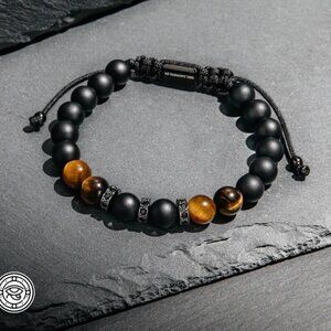 Black Onyx & Tiger Eye Adjustable Bracelet, Gift for Him.
